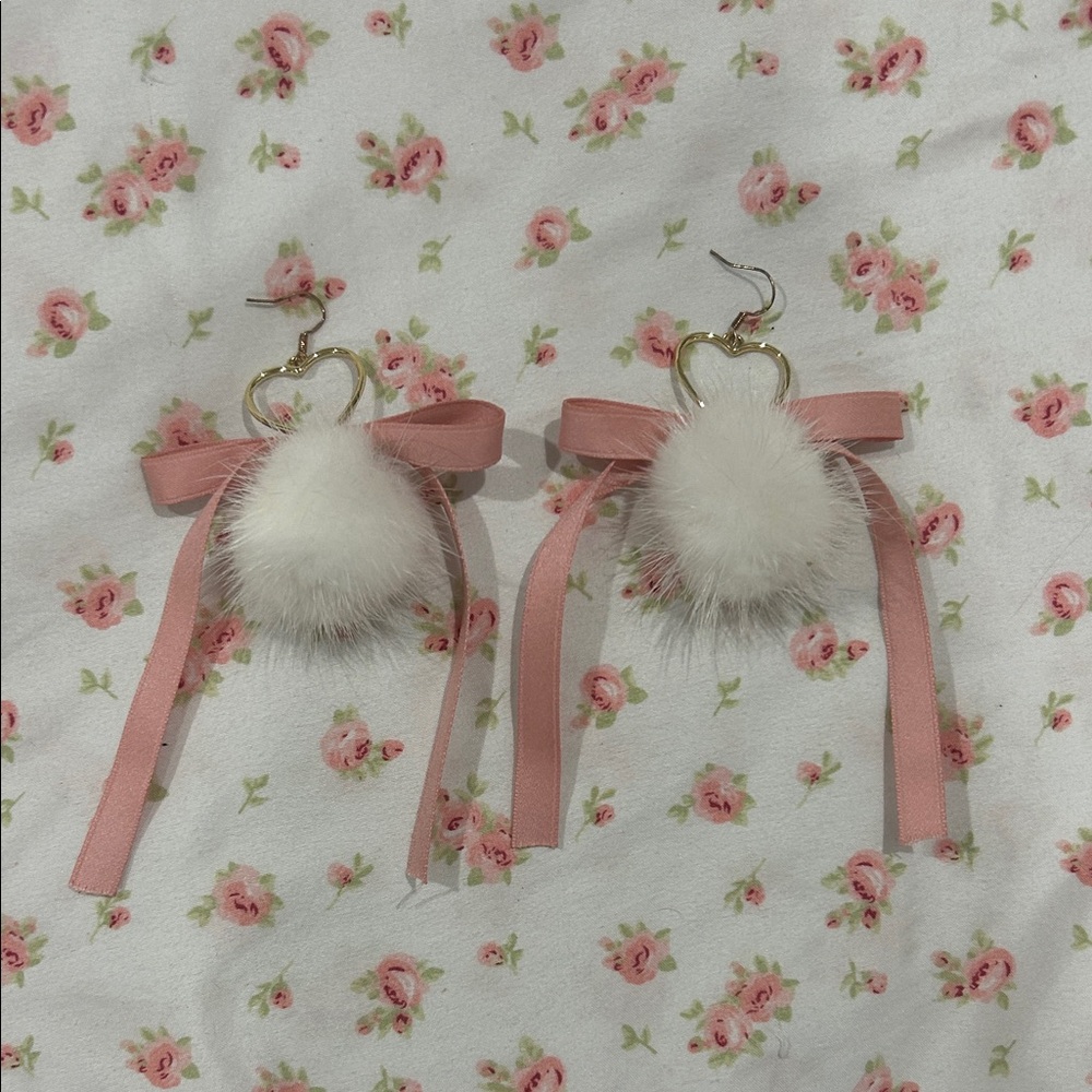 Pink and White Pom Pom Earrings